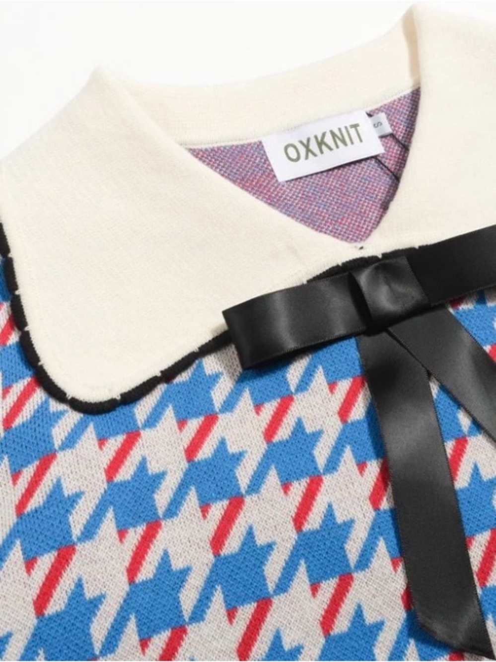 OXknit bird pliers vintage Blue & Red Houndstooth Sweater NWT puff sleeves - Picture 2 of 5